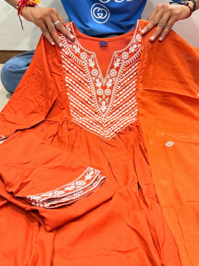 Orange Cotton Suit Set with Embroidered Dupatta